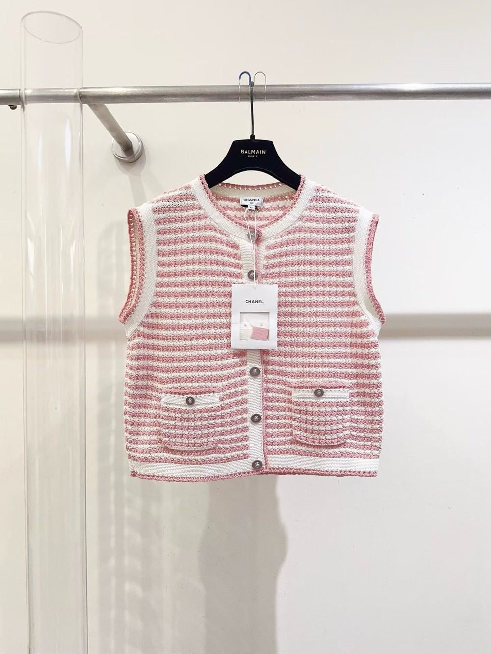 CHANEL Pink and White Knit Tweed Vest